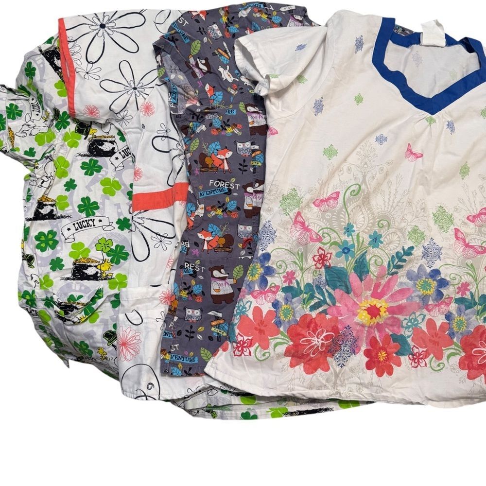 Bundle of 4 Women's Top Scrubs size 2X XXL Floral and Fun prints Plus Size